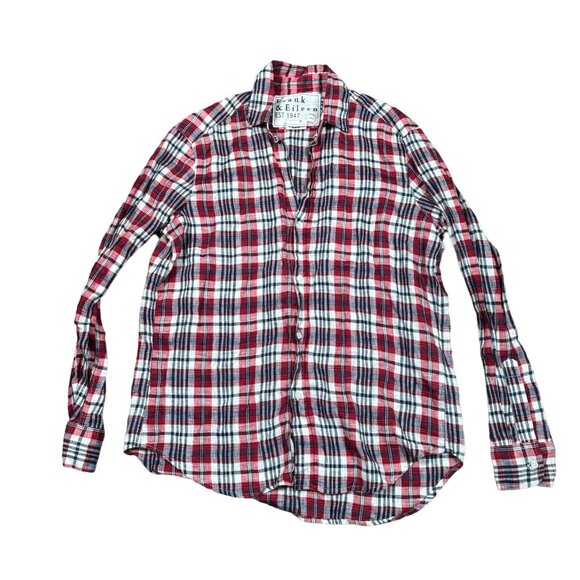 FRANK & EILEEN Shirt Women's Sz Small Red Blue Plaid Eileen 100% Linen Button Up - Picture 1 of 11